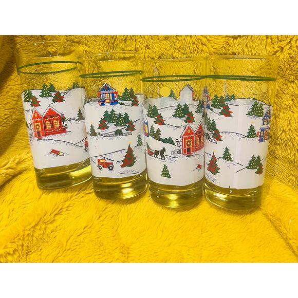 Vtg Libbey Winter Village Glasses Set Of 4 Horse Sleigh Ride Christmas 14 Oz - Picture 2 of 4